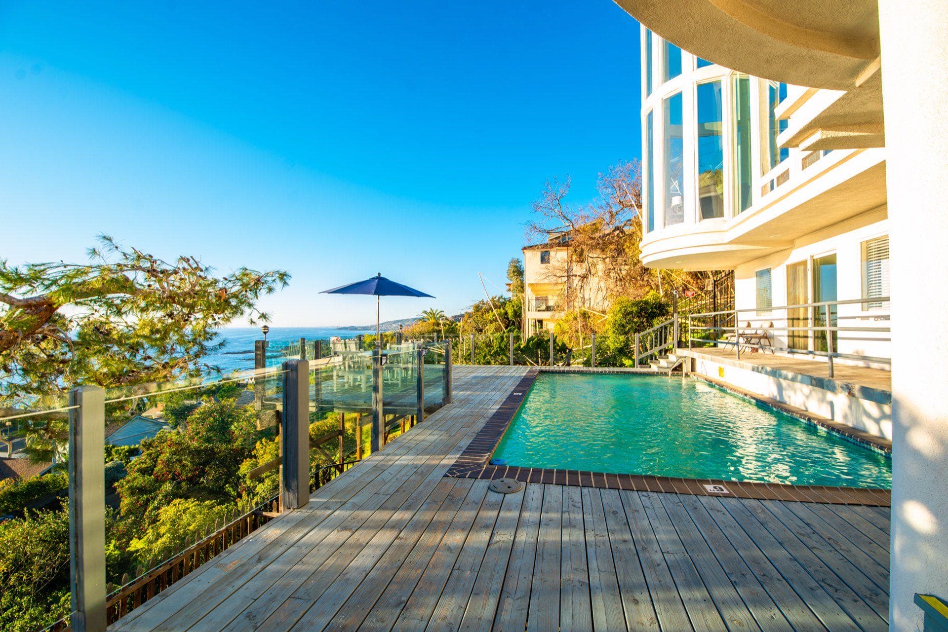 The Laguna View Detox estate — pool deck and terrace overlooking the Pacific in Laguna Beach